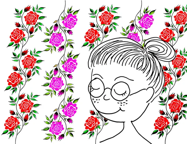 Desenho Personagem Desenho Animado Mulher Moldura Decorativa Com Flores Rosas — Fotografia de Stock