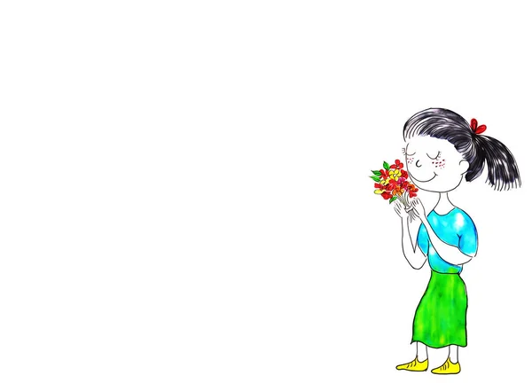 Zeichnung Cartoon Figur Der Frau Dekorativem Rahmen Mit Rosen Blumen — Stockfoto