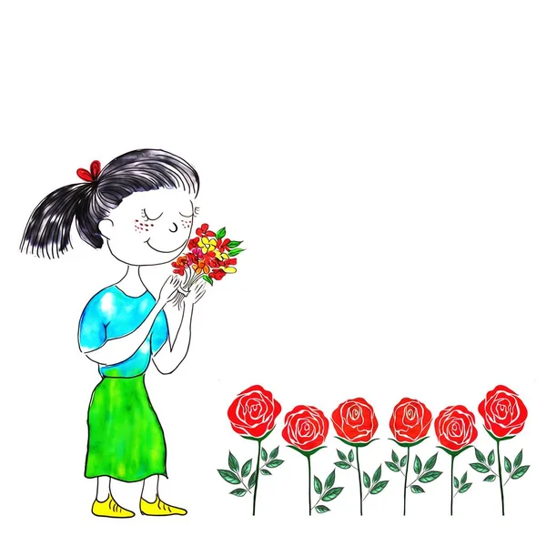 Kadın Çizgi Film Karakteri Süs Çerçevesinde Güllerle Çiçeklerle Metnin Için — Stok fotoğraf