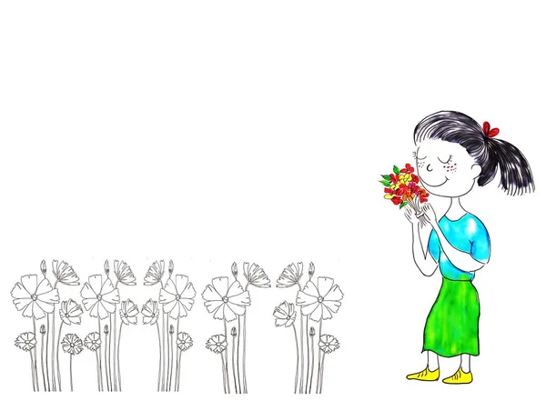 Малюнок Мультиплікаційного Персонажа Жінки Декоративній Рамці Квітами Троянд Простором Вашого — стокове фото