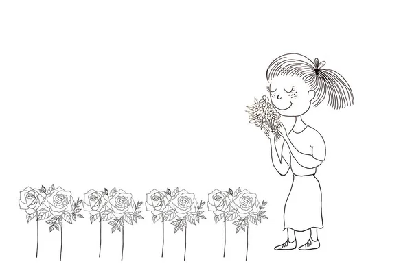 Малюнок Мультиплікаційного Персонажа Жінки Декоративній Рамці Квітами Троянд Простором Вашого — стокове фото