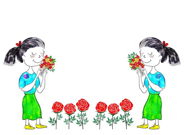 女性の漫画のキャラクターを描く バラの花と装飾フレームで あなたのテキストのためのスペース ペンラインと創造的なシリーズ ファブリックのフレーム植物の花のパターンのために使用 — ストック写真