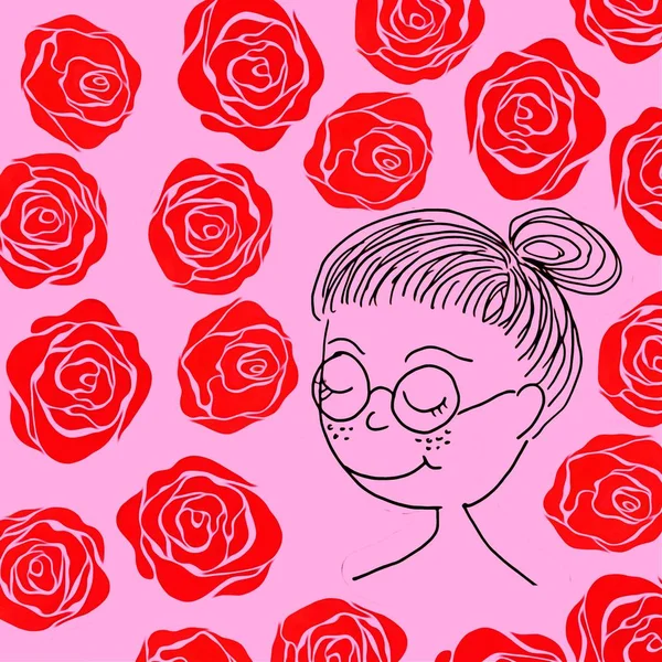 Σχέδιο Χαρακτήρα Κινουμένων Σχεδίων Της Γυναίκας Διακοσμητικό Πλαίσιο Τριαντάφυλλα Λουλούδια — Φωτογραφία Αρχείου