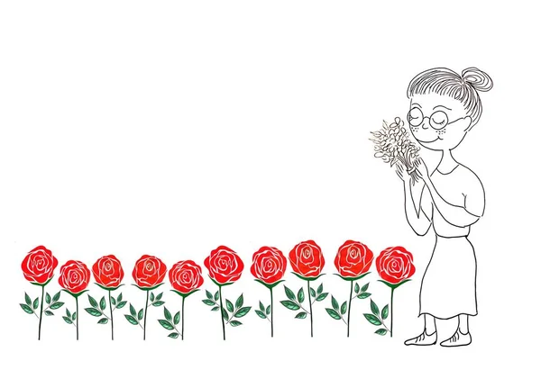 Kreslení Kresleného Postavičky Ženy Dekorativním Rámečku Růžovými Květy Prostorem Pro — Stock fotografie