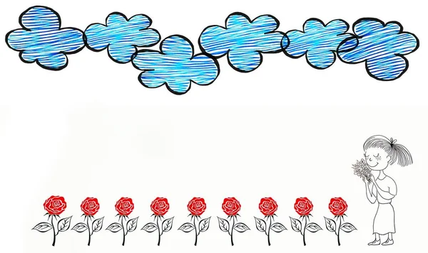 Ручний Малюнок Мультиплікаційним Характером Жінки Красиві Блакитні Небо Хмари Барвисті — стокове фото