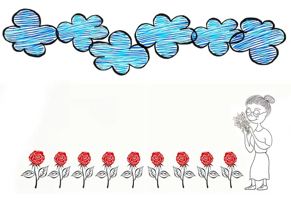 Ручний Малюнок Мультиплікаційним Характером Жінки Красиві Блакитні Небо Хмари Барвисті — стокове фото