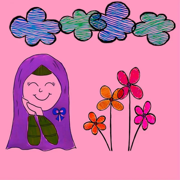 ヒジャーブを身に着けているイスラム教徒の女性の漫画のキャラクターで手描き 彼女は彼女の顔にほとんど笑顔を持っていません イスラムの女の子 白い背景にカラフルな花や雲の空 ペンラインと創造的なシリーズ — ストック写真