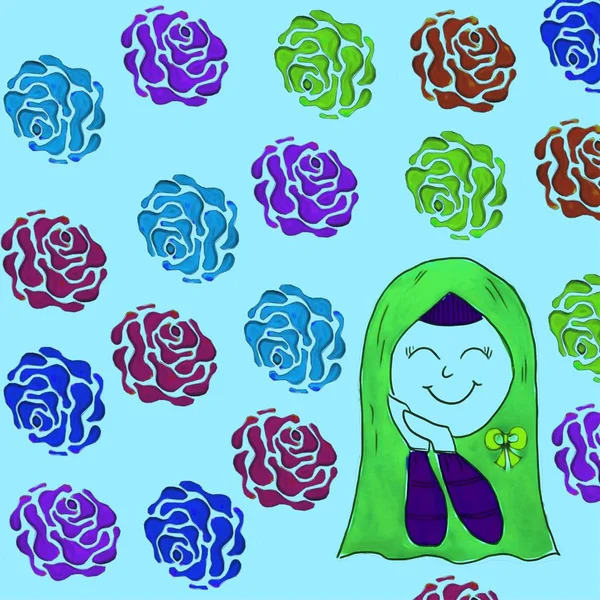 ヒジャーブを身に着けているイスラム教徒の女性の漫画のキャラクターで手描き 彼女は彼女の顔にほとんど笑顔を持っていません イスラムの女の子 白い背景にカラフルな花や雲の空 ペンラインと創造的なシリーズ — ストック写真