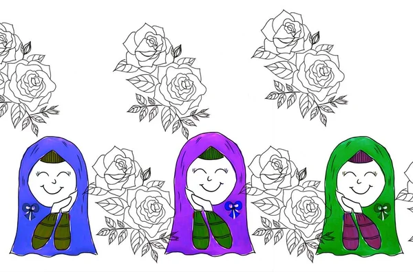 Desenho Mão Com Personagem Desenho Animado Mulher Muçulmana Vestindo Hijab — Fotografia de Stock