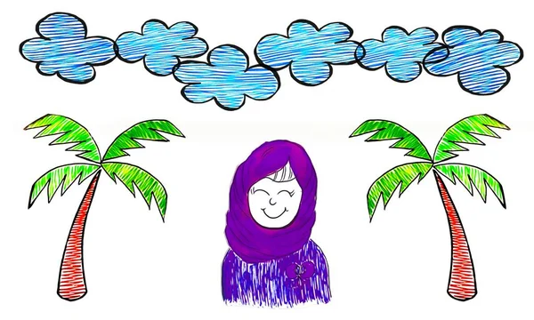 Handzeichnung Mit Cartoonfigur Einer Muslimischen Frau Die Hijab Trägt Sie — Stockfoto
