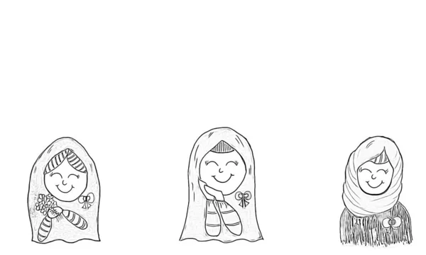 Ręczny Rysunek Postacią Kreskówki Muzułmańskiej Kobiety Noszącej Hidżab Trochę Uśmiechnięty — Zdjęcie stockowe