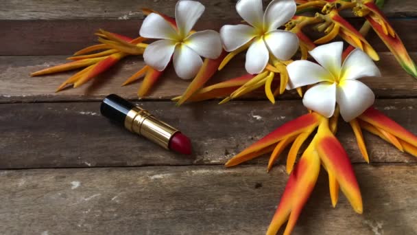 Close Van Lip Stick Witte Bloemen Achtergrond — Stockvideo