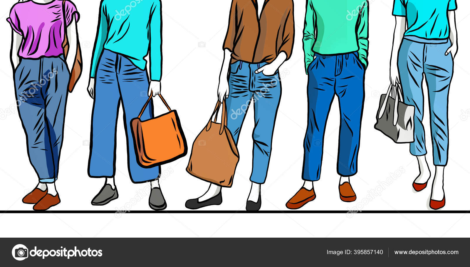 Hand Draw Cartoon Character Wearing Jean Collection Jeans Many Styles