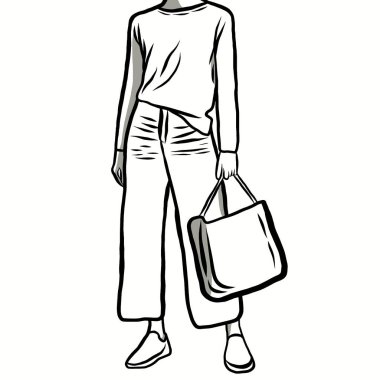 Çizgi çizimi. Modern kadın, yeni nesil giyim tarzı, minimalist giyim tasarımları. Düz tasarım resimli yaratıcı..