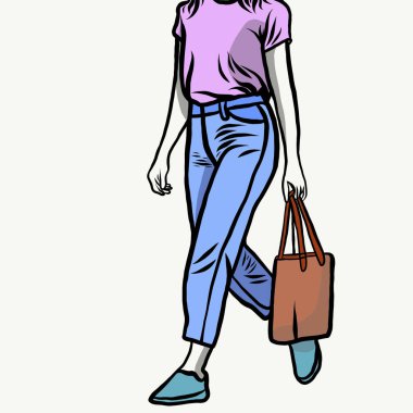 Çizgi film karakteri kot pantolon giyer, birçok tarzda kot pantolon giyer, doğal pamuk çanta, bez çanta taşır, alışveriş yaparken plastik poşetleri azaltır, resimleme sürecinde yaratıcı olur..