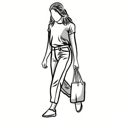 Çizgi çizimi. Modern kadın, yeni nesil giyim tarzı, minimalist giyim tasarımları. Düz tasarım resimli yaratıcı..