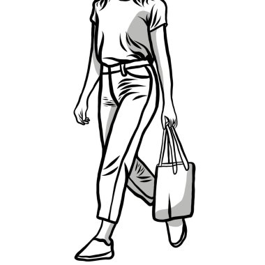 Çizgi çizimi. Modern kadın, yeni nesil giyim tarzı, minimalist giyim tasarımları. Düz tasarım resimli yaratıcı..