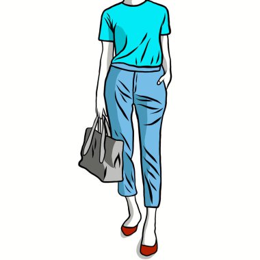 Çizgi film karakteri kot pantolon giyer, birçok tarzda kot pantolon giyer, doğal pamuk çanta, bez çanta taşır, alışveriş yaparken plastik poşetleri azaltır, resimleme sürecinde yaratıcı olur..