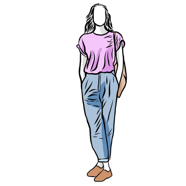 ジーンを身に着けている漫画のキャラクターの手描き コレクションジーンズ多くのスタイルで 自然な綿のトートバッグを運ぶ ショッピング中の量のビニール袋を削減 イラストの進行で創造的な — ストック写真