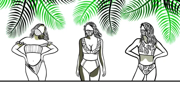 무늬의 아름다운 여인들은 수영복 수영복 비키니를 디자인의 삽화가 마스코를 — 스톡 사진