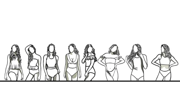 Linha Desenhada Mulheres Bonitas Vestindo Roupa Banho Maiô Biquíni Diferentes — Fotografia de Stock