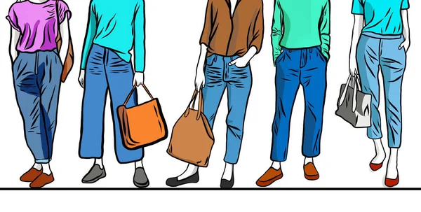 Hand draw of Cartoon character wearing jean,collection Jeans in many styles,carrying natural cotton tote bag,cloth bag,reduce amount plastic bags while shopping,creative with illustration progress.