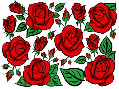 Güzel gül buketi çiçekleri ve yeşil yapraklar beyaz arka planda büyür, el çizimi, düz tasarımlı resimlerle yaratıcı. Çiçek deseni, duvar kağıdı için dekoratif serisi. Sevgililer Günü konsepti.