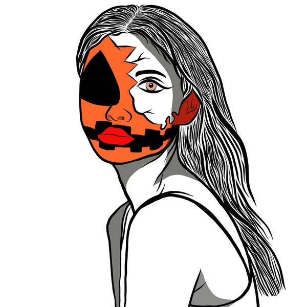 ハロウィン祭りのコンセプト白地にカボチャの顔の絵を持つ美しい若い女性手描きの漫画のキャラクター — ストック写真