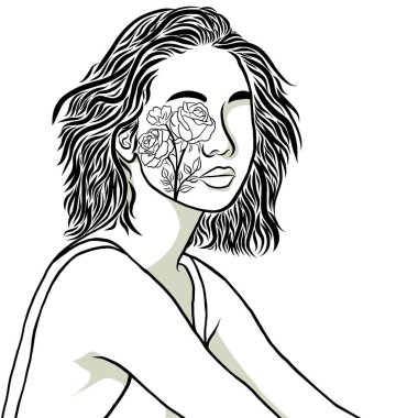 Güzel bir kadın çizimi, güzel güllerin çiçek açtığı dekoratif bir çerçeve. Düz dizaynlı illüstrasyon ile yaratıcılık, kumaş, duvar kağıdı, kağıt vs..