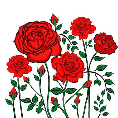 Çizgi çizilmiş, beyaz arka planda güzel gül buketi çiçekleri, düz dizaynlı resimlerle birlikte yaratıcı. Çiçek desenli, duvar kağıtları için dekoratif seriler. Sevgililer Günü konsepti.