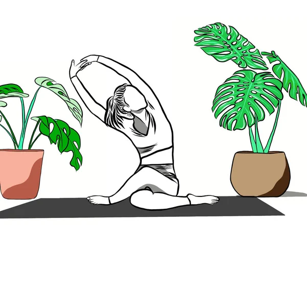 Kvinde Motion Yoga Kropsholdning Monstera Planter Vækst Små Potter Hvid - Stock-foto