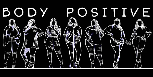 Body positive concept.Woman plus size.Confident obese women on over white background.Line drawing of cartoon character with illustration in flat design.