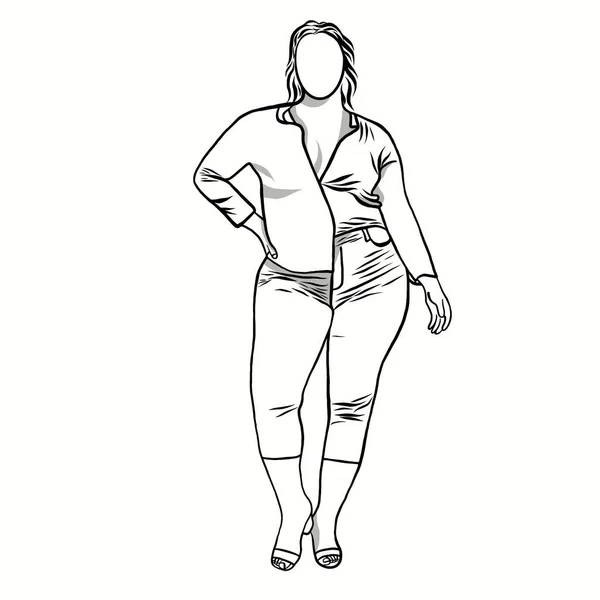 体形正面的概念 女人加身材 自信肥胖的女人在白种人的背景上 漫画人物的线条和平面设计的图解 — 图库照片