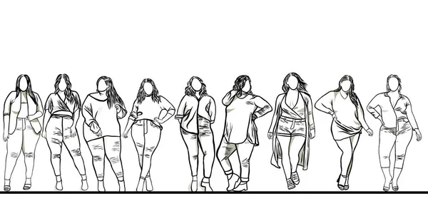 体形正面的概念 女人加身材 自信肥胖的女人在白种人的背景上 漫画人物的线条和平面设计的图解 — 图库照片