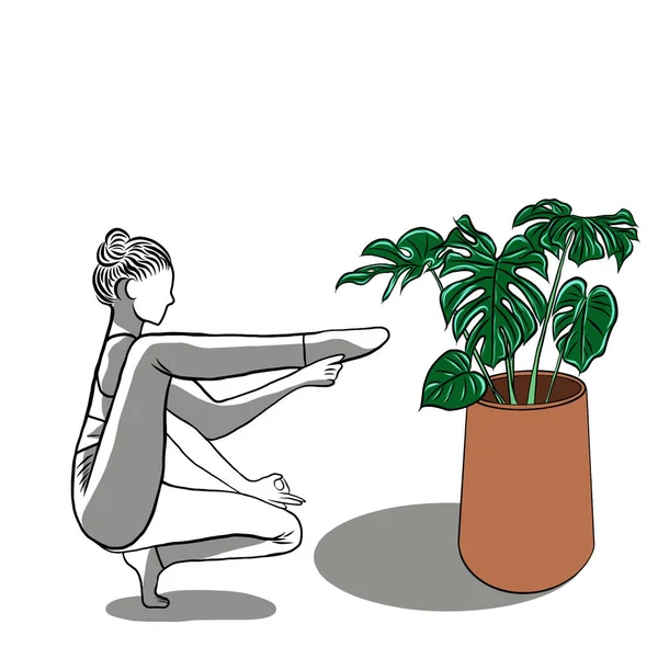 女人在瑜伽姿势下运动 Monstera植物在白色背景的小罐子里生长 现代自然背景 简约的绘画印刷品 带有平面设计的插图 — 图库照片
