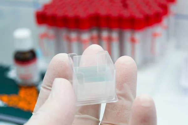 Trabajador de laboratorio sosteniendo en su mano una caja de plástico con microsc — Foto de Stock