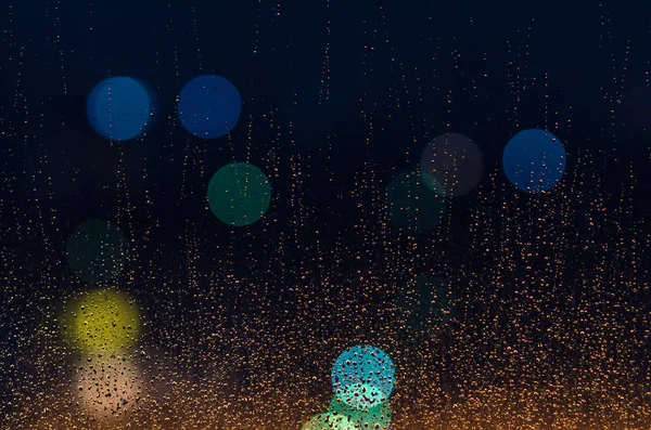 Rain Drop Glass Window Monsoon Season Colorful Bokeh Lights Abstract — Stock Photo, Image