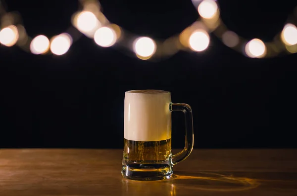 Glass Beer Wooden Table Have Bokeh Lights Top Dark Background — Stock Photo, Image