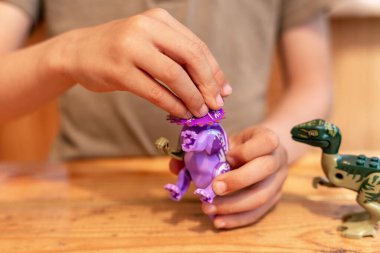 Küçük çocuk oyuncak dinozorlarla oynuyor.