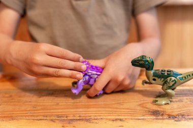 Küçük çocuk oyuncak dinozorlarla oynuyor.