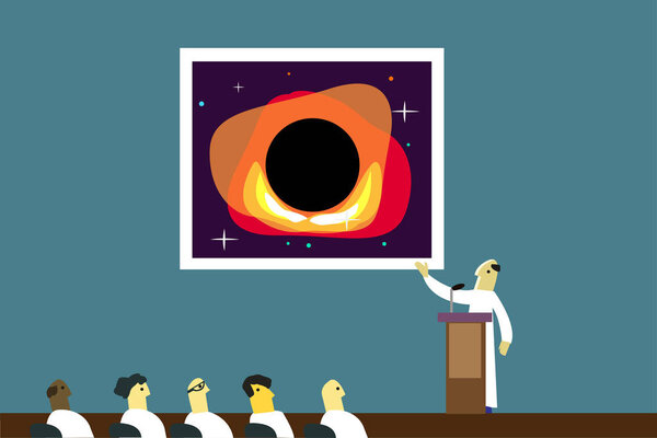 A scientist in a pedestal presents a picture of a black hole in a conference room. Editable Clip Art.