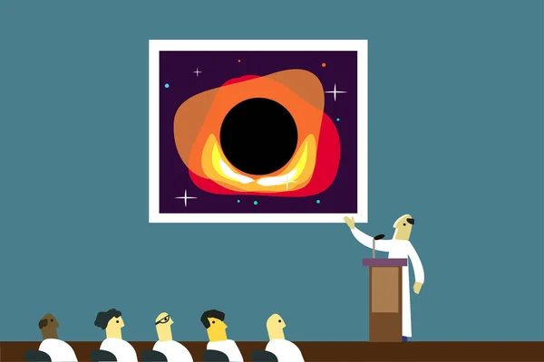 Scientist Pedestal Presents Picture Black Hole Conference Room Editable Clip — Stock Vector