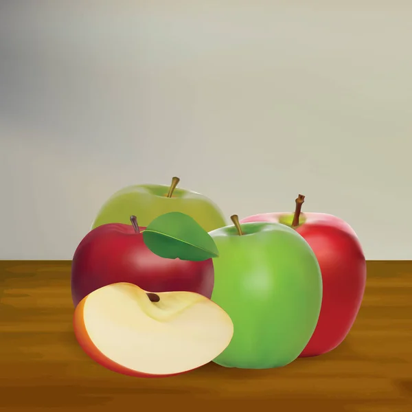 Set Mit Vier Realistischen Frischen Apfelfrüchten Mit Holzhintergrund — Stockvektor