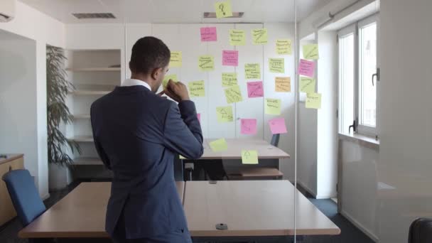 Back view of businessman writing on sticky memos — Stock Video