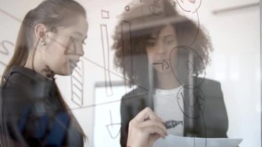 Cam tahtaya bilgi grafikleri çizen iki genç yönetici.