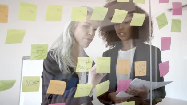 Vidám női üzleti kollégák, akik a feladatokon dolgoznak — Stock videók