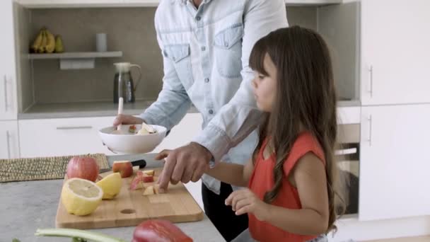 Tata cieszy gotowanie obiad z małą córką — Wideo stockowe