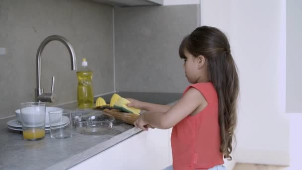 Pequena menina lavar prato por si só — Vídeo de Stock
