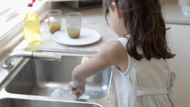 Papá ayudando a la pequeña hija a lavar el plato — Vídeos de Stock