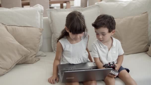 Сосредоточенная молодая девушка использует ноутбук самостоятельно — стоковое видео